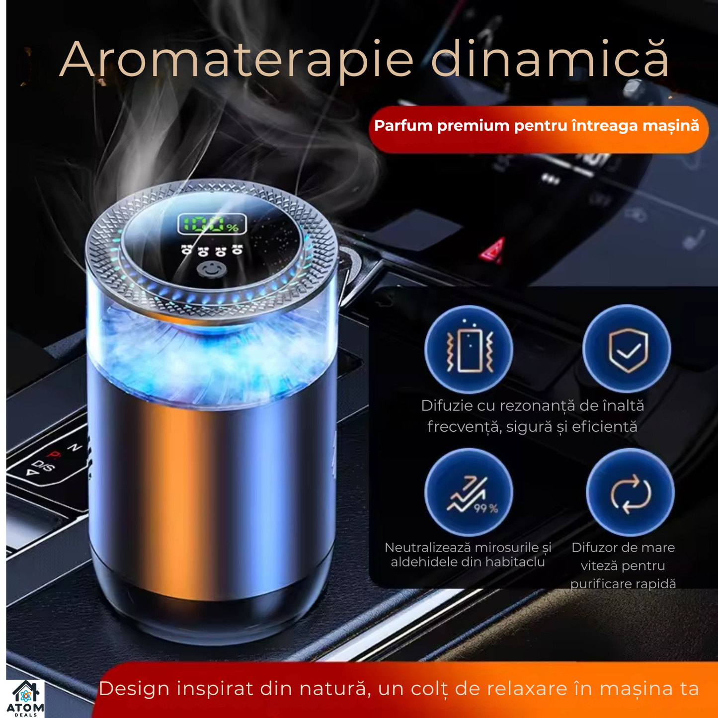 Odorizant auto premium negru, difuzor aromaterapie fara apa ATOM Deals®, reincarcabil type-C, LED ambient, super silentios, design metalic luxury 10 ml