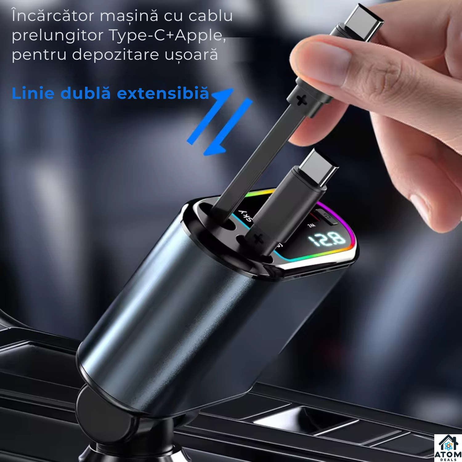 Incarcator auto 3-in-1 ATOM Deals® 120W cu cablu retractabil, Type-C + Lightning, afisaj LED, fast charging, negru ATOM Deals