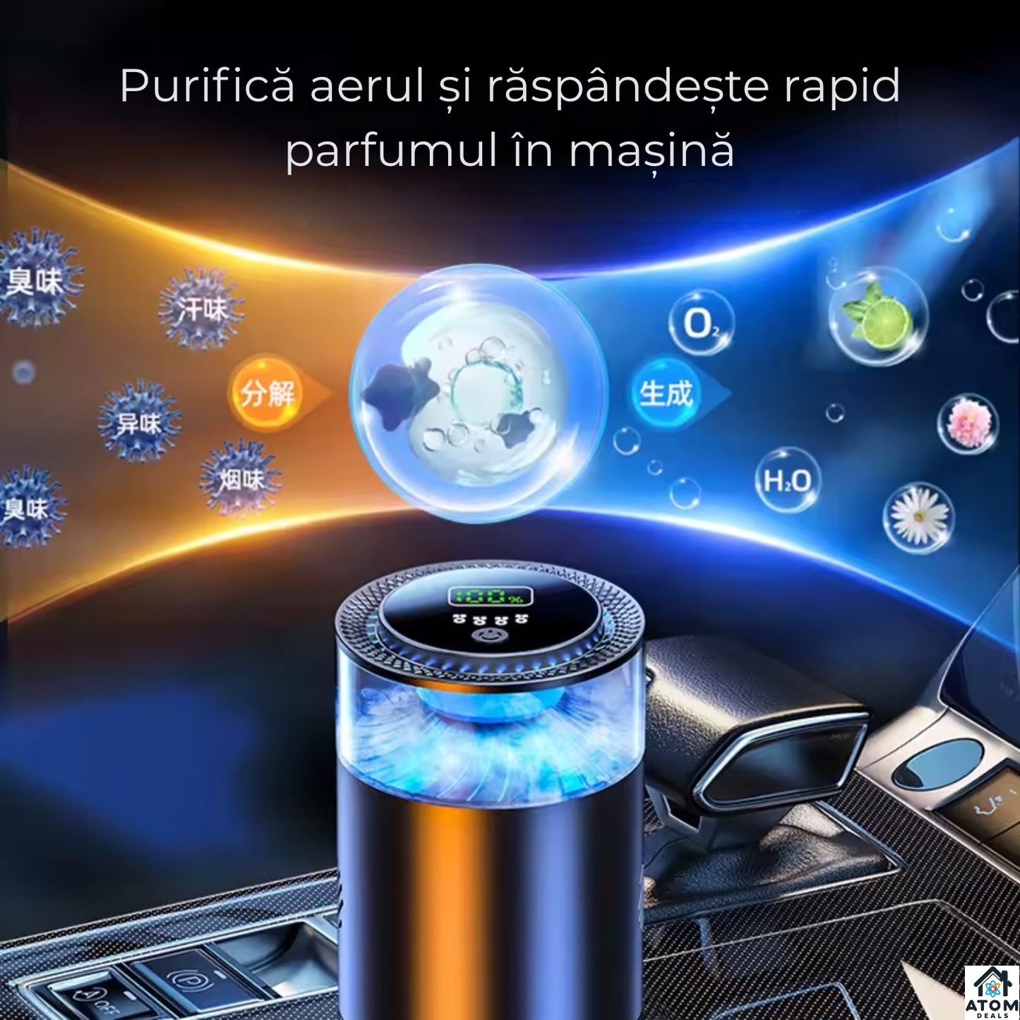 Odorizant auto premium negru, difuzor aromaterapie fara apa ATOM Deals®, reincarcabil type-C, LED ambient, super silentios, design metalic luxury 10 ml