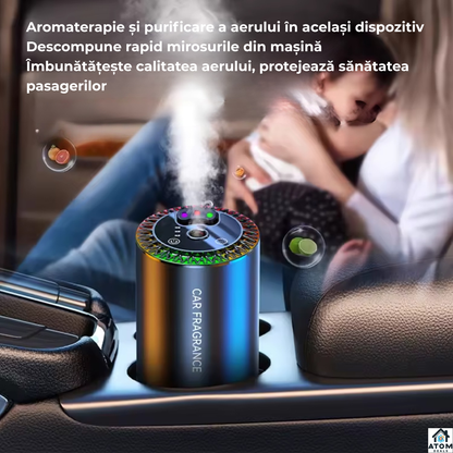Odorizant auto ATOM Deals® smart cu difuzie nano, purificare aer, RGB muzical, parfum Cologne Ocean, aluminiu premium