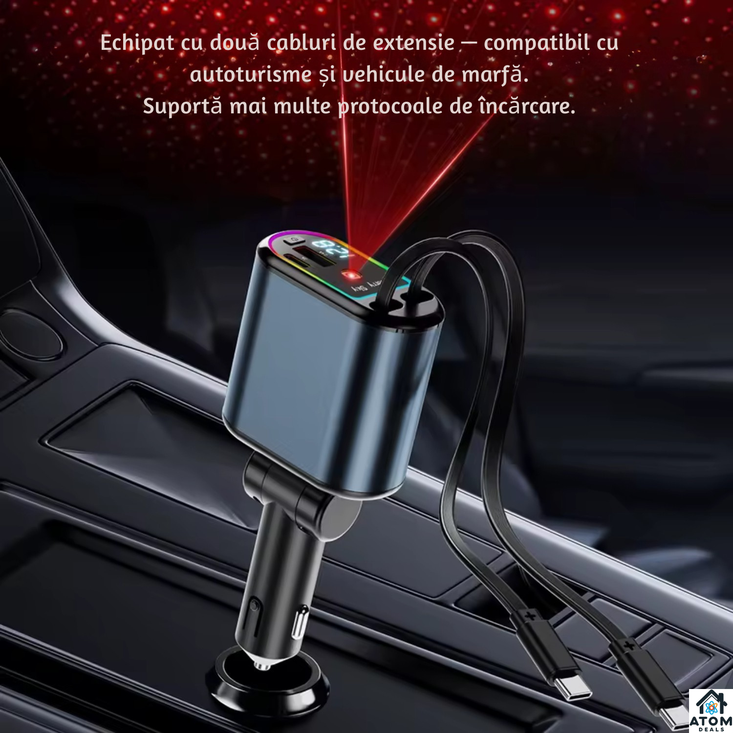 Incarcator auto 3-in-1 ATOM Deals® 120W cu cablu retractabil, Type-C + Lightning, afisaj LED, fast charging, negru ATOM Deals