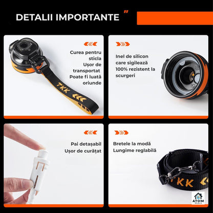 Sticlă sport 1000 ml Tritan fără BPA, pai silicon, capac flip, curea