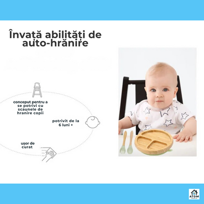 Set masă bebeluși din bambus – farfurie cu ventuză, tacâmuri silicon, bavetă