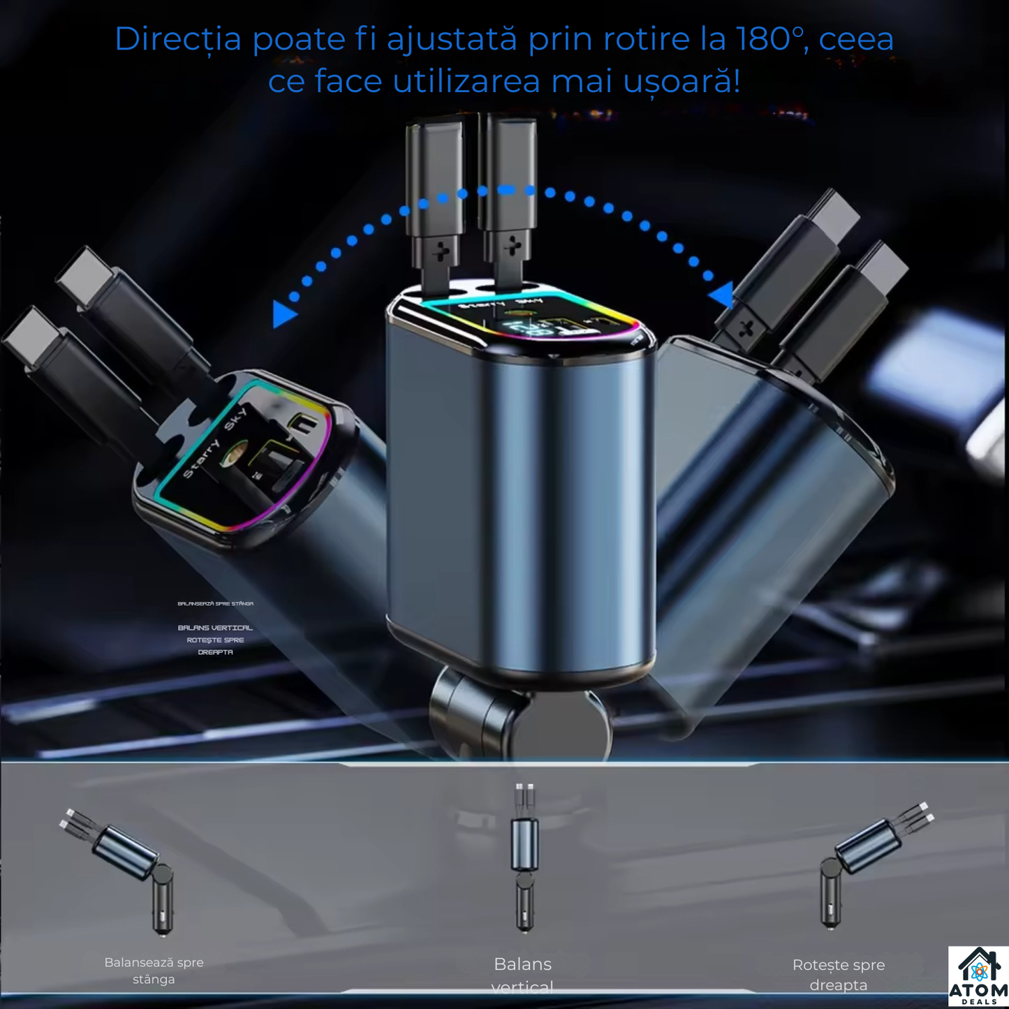Incarcator auto 3-in-1 ATOM Deals® 120W cu cablu retractabil, Type-C + Lightning, afisaj LED, fast charging, negru ATOM Deals