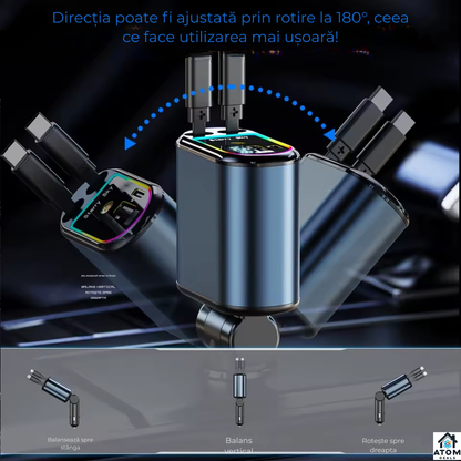 Incarcator auto 3-in-1 ATOM Deals® 120W cu cablu retractabil, Type-C + Lightning, afisaj LED, fast charging, negru ATOM Deals