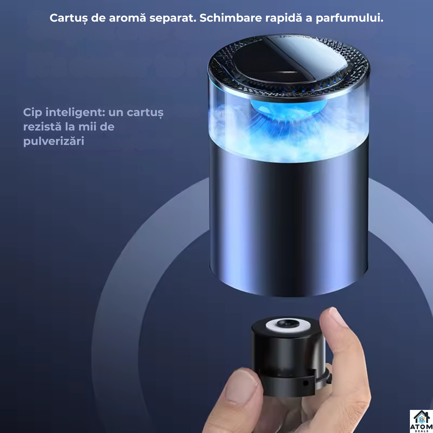 Odorizant auto premium negru, difuzor aromaterapie fara apa ATOM Deals®, reincarcabil type-C, LED ambient, super silentios, design metalic luxury 10 ml