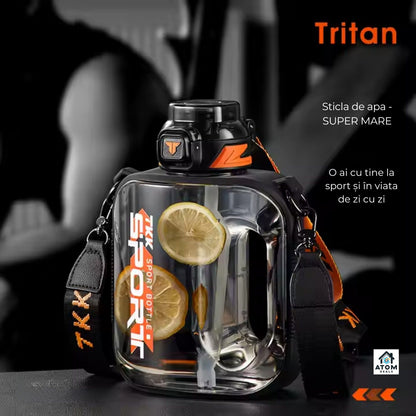 Sticlă sport 1000 ml Tritan fără BPA, pai silicon, capac flip, curea