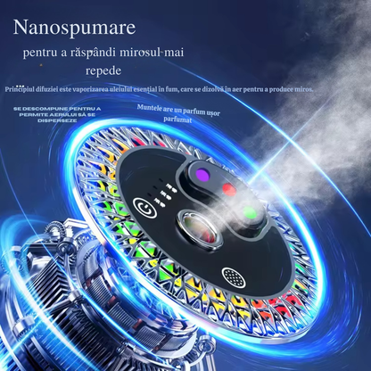 Odorizant auto ATOM Deals® smart cu difuzie nano, purificare aer, RGB muzical, parfum Cologne Ocean, aluminiu premium
