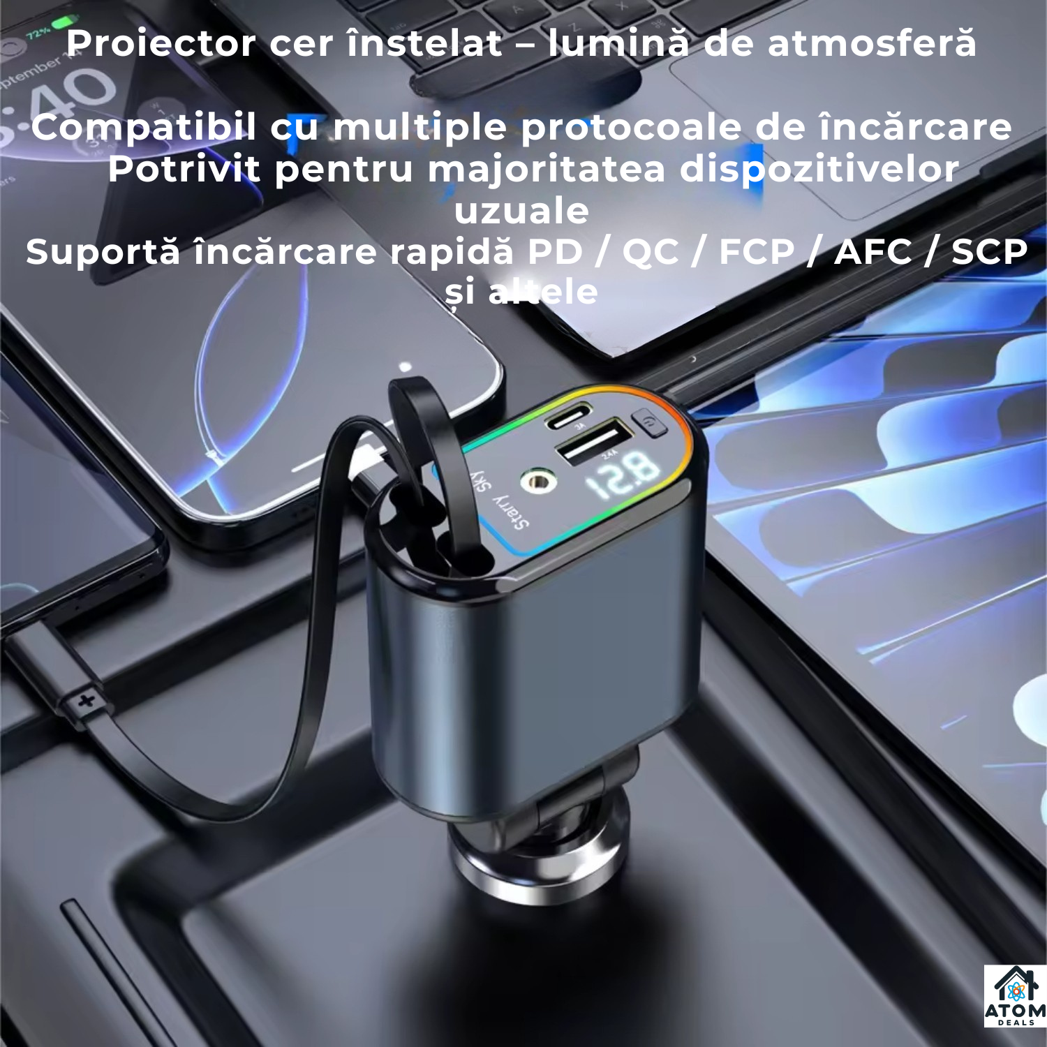 Incarcator auto 3-in-1 ATOM Deals® 120W cu cablu retractabil, Type-C + Lightning, afisaj LED, fast charging, negru ATOM Deals