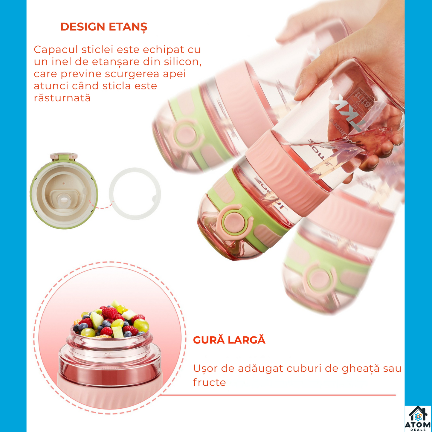 Sticla Tritan 550ml ATOM DEALS® BPA Free, pentru copii, cu capac etans, recipient apa sport, sticla reutilizabila pentru birou, sala, calatorii, design modern