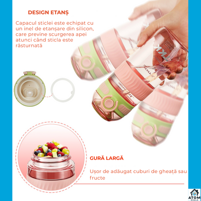 Sticla Tritan 550ml ATOM DEALS® BPA Free, pentru copii, cu capac etans, recipient apa sport, sticla reutilizabila pentru birou, sala, calatorii, design modern