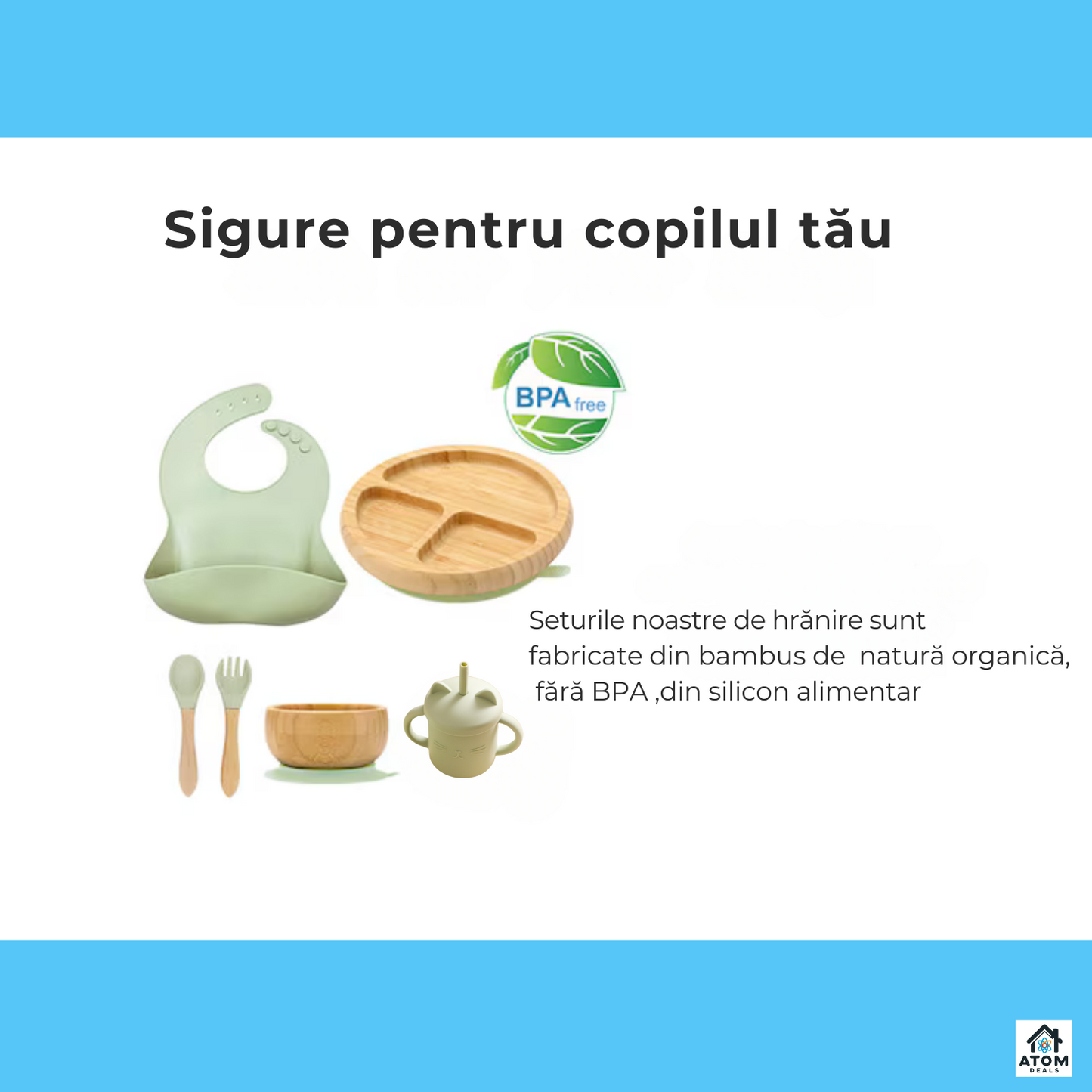 Set masă bebeluși din bambus – farfurie cu ventuză, tacâmuri silicon, bavetă
