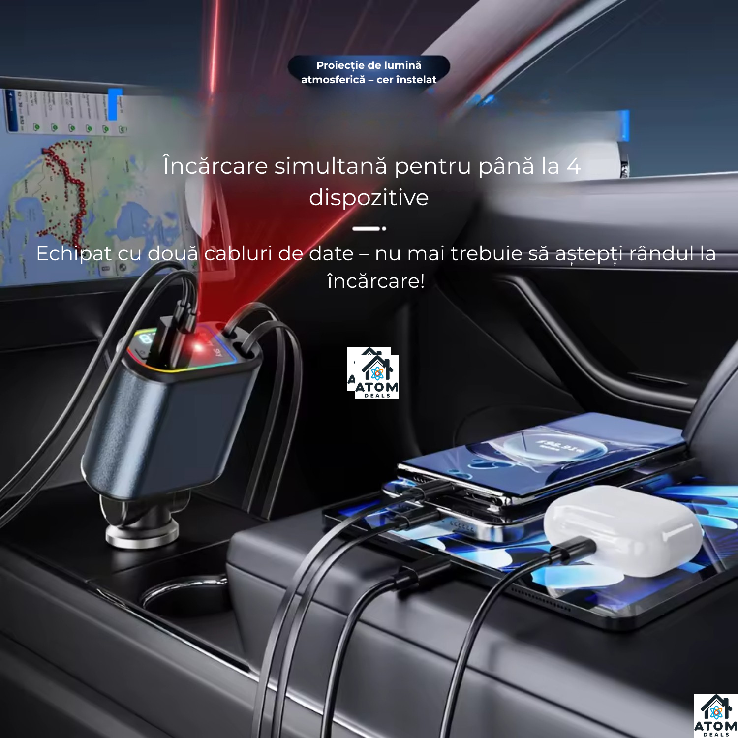Incarcator auto 3-in-1 ATOM Deals® 120W cu cablu retractabil, Type-C + Lightning, afisaj LED, fast charging, negru ATOM Deals