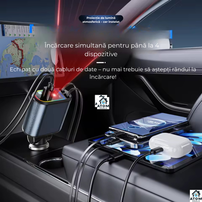 Incarcator auto 3-in-1 ATOM Deals® 120W cu cablu retractabil, Type-C + Lightning, afisaj LED, fast charging, negru ATOM Deals