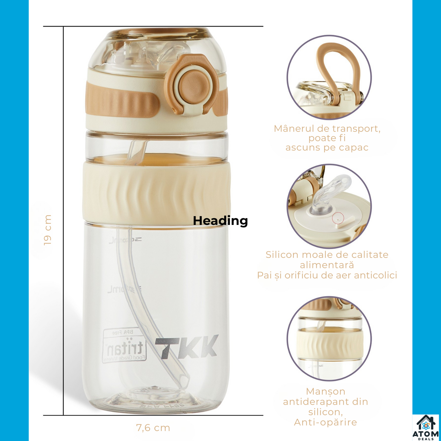 Sticla Tritan 550ml ATOM DEALS® BPA Free, pentru copii, cu capac etans, recipient apa sport, sticla reutilizabila pentru birou, sala, calatorii, design modern