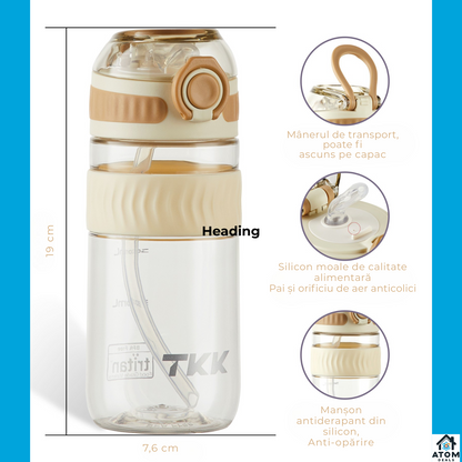 Sticla Tritan 550ml ATOM DEALS® BPA Free, pentru copii, cu capac etans, recipient apa sport, sticla reutilizabila pentru birou, sala, calatorii, design modern