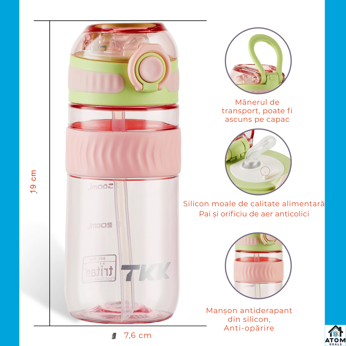 Sticla Tritan 550ml ATOM DEALS® BPA Free, pentru copii, cu capac etans, recipient apa sport, sticla reutilizabila pentru birou, sala, calatorii, design modern