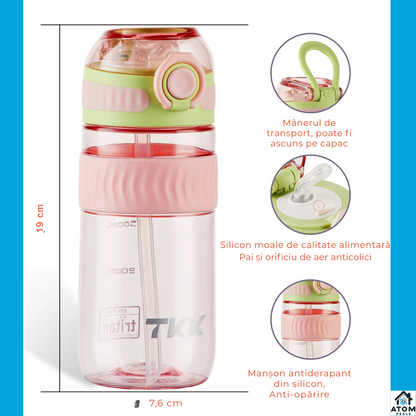 Sticla Tritan 550ml ATOM DEALS® BPA Free, pentru copii, cu capac etans, recipient apa sport, sticla reutilizabila pentru birou, sala, calatorii, design modern