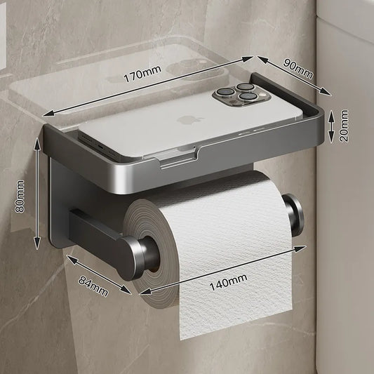 Bathroom wall-mounted toilet paper holder with phone shelf, aluminum.