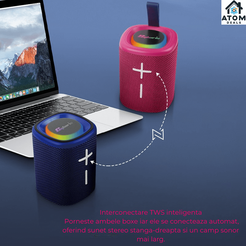 Boxa portabila Bluetooth 5.3 ATOM Deals®, 20W, TWS stereo, IPX6, autonomie 15h, lumini RGB, card TF/AUX, raza 18m, ABS rezistent, bass puternic, baterie 4000 mAh, albastru si rosu