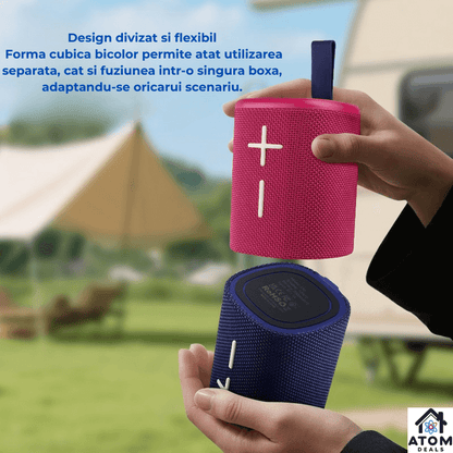 Boxa portabila Bluetooth 5.3 ATOM Deals®, 20W, TWS stereo, IPX6, autonomie 15h, lumini RGB, card TF/AUX, raza 18m, ABS rezistent, bass puternic, baterie 4000 mAh, albastru si rosu