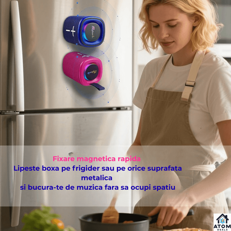 Boxa portabila Bluetooth 5.3 ATOM Deals®, 20W, TWS stereo, IPX6, autonomie 15h, lumini RGB, card TF/AUX, raza 18m, ABS rezistent, bass puternic, baterie 4000 mAh, albastru si rosu