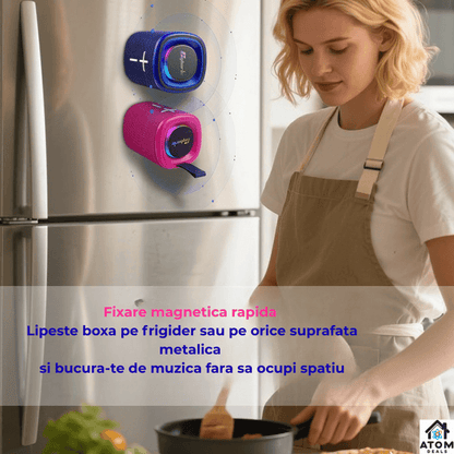 Boxa portabila Bluetooth 5.3 ATOM Deals®, 20W, TWS stereo, IPX6, autonomie 15h, lumini RGB, card TF/AUX, raza 18m, ABS rezistent, bass puternic, baterie 4000 mAh, albastru si rosu