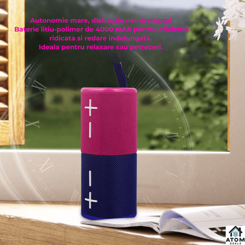 Boxa portabila Bluetooth 5.3 ATOM Deals®, 20W, TWS stereo, IPX6, autonomie 15h, lumini RGB, card TF/AUX, raza 18m, ABS rezistent, bass puternic, baterie 4000 mAh, albastru si rosu