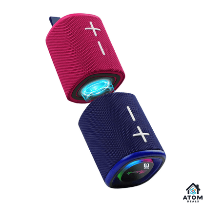 Boxa portabila Bluetooth 5.3 ATOM Deals®, 20W, TWS stereo, IPX6, autonomie 15h, lumini RGB, card TF/AUX, raza 18m, ABS rezistent, bass puternic, baterie 4000 mAh, albastru si rosu