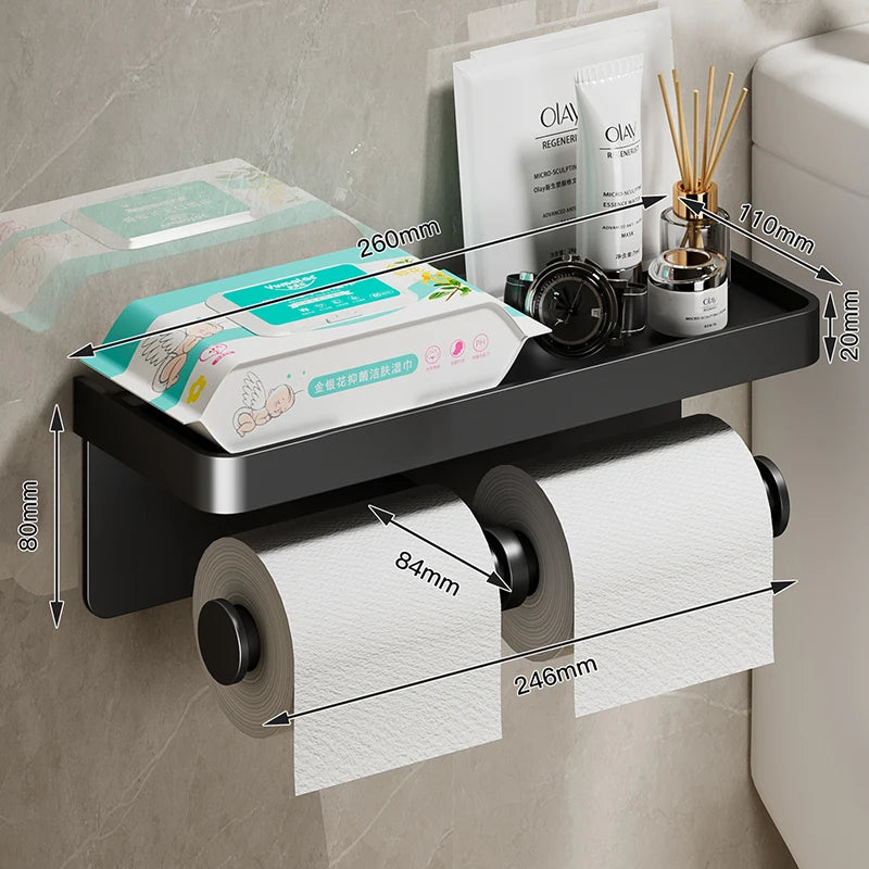 Bathroom wall-mounted toilet paper holder with phone shelf, aluminum