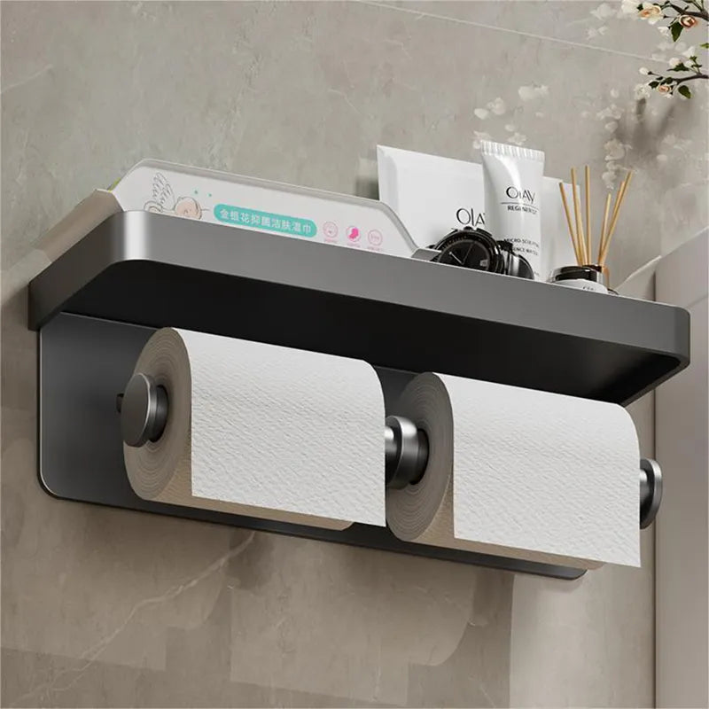 Bathroom wall-mounted toilet paper holder with phone shelf, aluminum