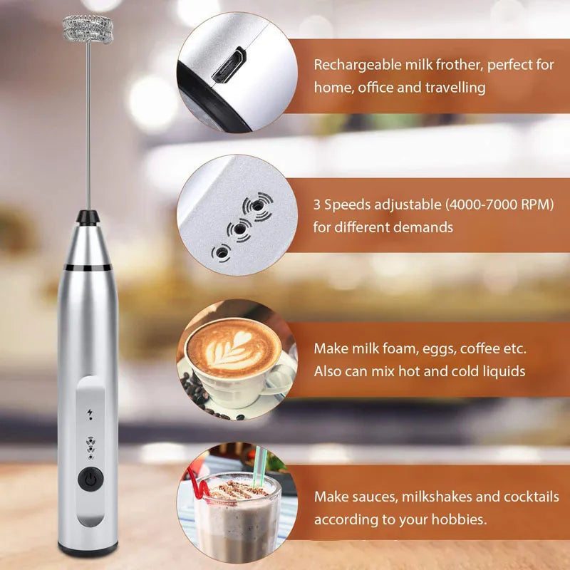 Compact USB electric milk frother: 3 speeds, ideal cappuccino foam