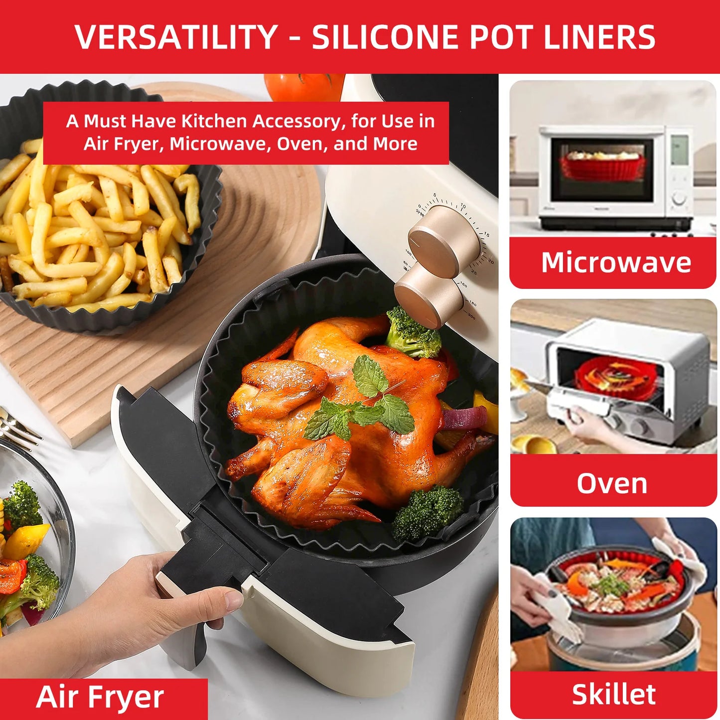 Silicone air fryer tray: Reusable, pizza, chicken molds, grill pan