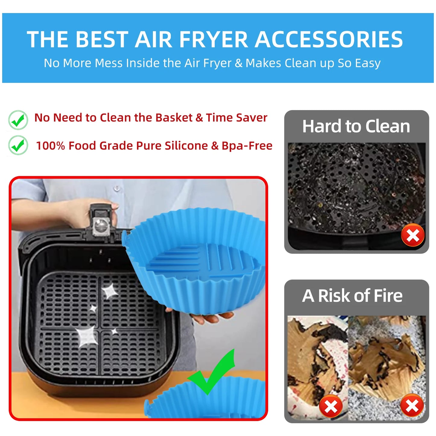 Silicone air fryer tray: Reusable, pizza, chicken molds, grill pan