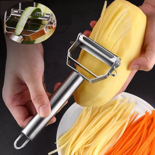 Stainless steel double-head vegetable peeler: versatile and durable kitchen tool.