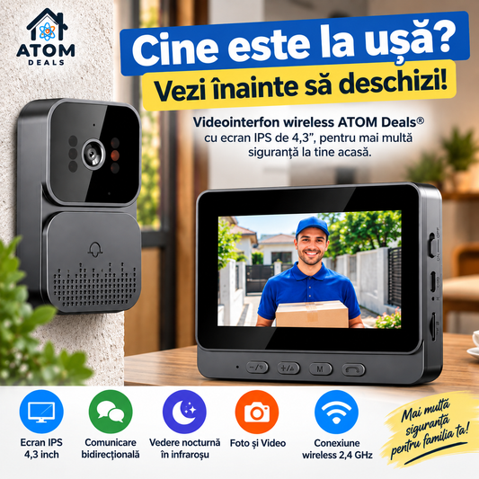 Sonerie video wireless cu monitor interior ATOM Deals®, interfon bidirectional, 2.4G, fotografiere automata, inregistrare video pe card SD, baterie reincarcabila