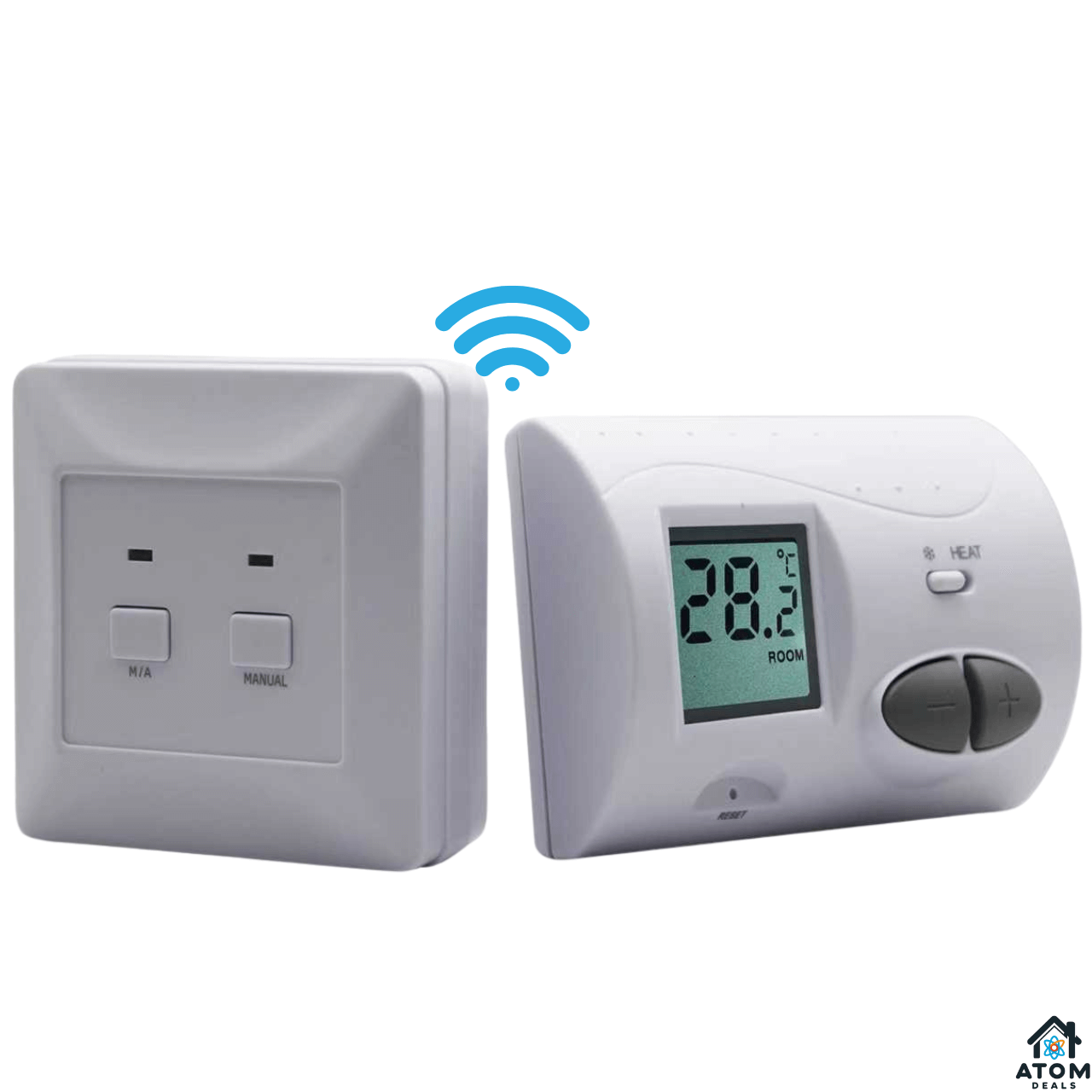 Termostat wireless RF ATOM Deals®, alb, cu receptor, ecran LCD iluminat, control temperatura 5-35 °C, precizie ±0.5 °C