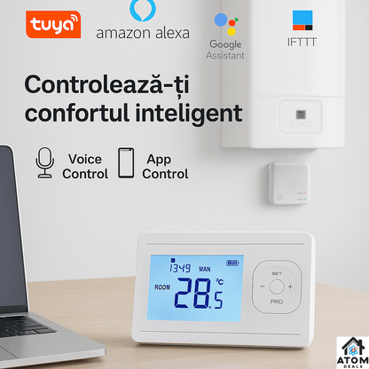 Termostat wireless WiFi compatibil Smart Life/Tuya, alb ATOM Deals®, cu receptor, programabil, display LCD, control temperatura 5°C–30°C, precizie ±0.5°C, compatibil apartamente, vile, hoteluri