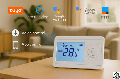 Termostat wireless WiFi compatibil Smart Life/Tuya, alb ATOM Deals®, cu receptor, programabil, display LCD, control temperatura 5°C–30°C, precizie ±0.5°C, compatibil apartamente, vile, hoteluri