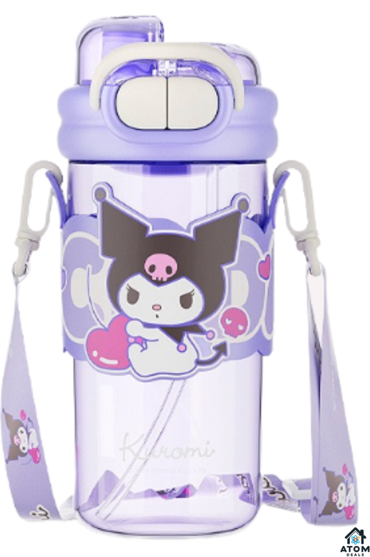 Sticla de apa pentru copii ATOM Deals® design Kuromi, 650 ml, tritan, sistem dublu de baut, rezistenta la cadere, inchidere etansa 360°, material tritan ecologic, BPA-Free, sistem pentru transportat