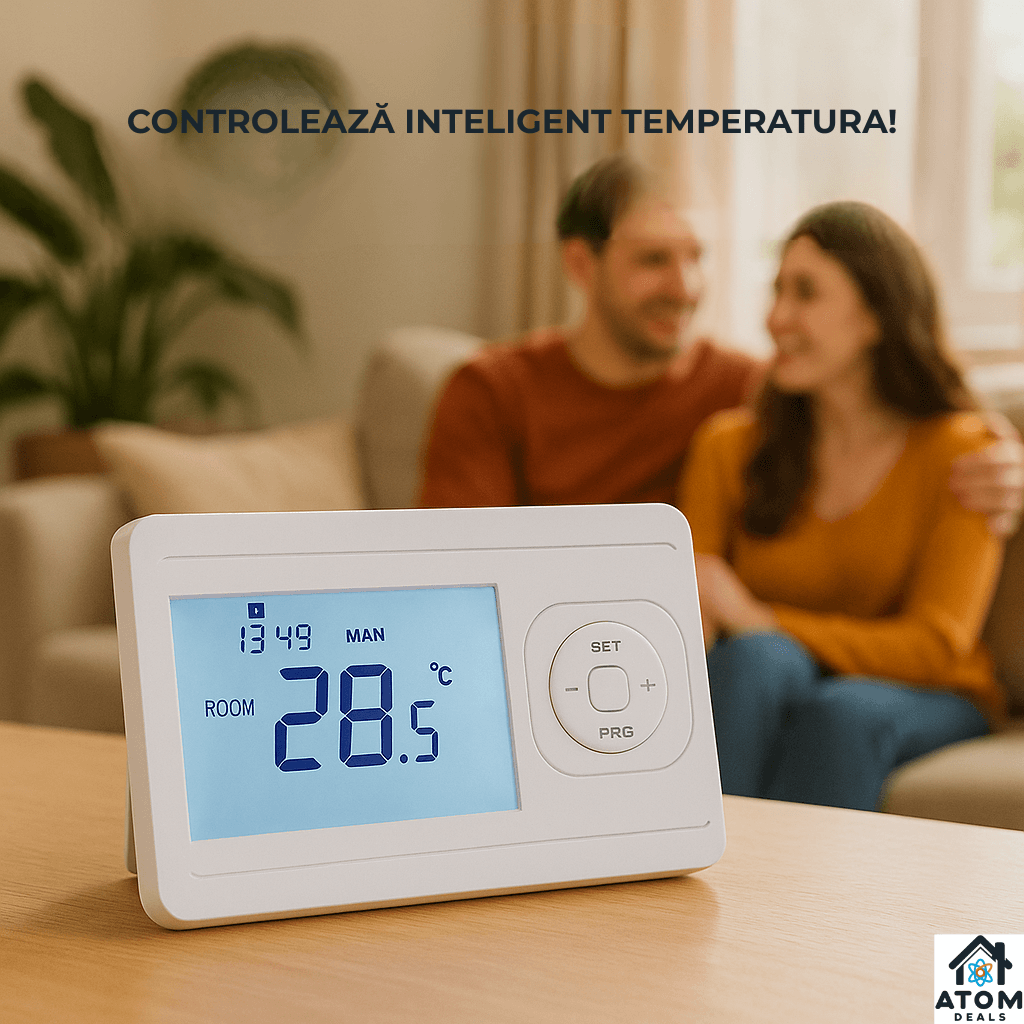 Termostat wireless WiFi compatibil Smart Life/Tuya, alb ATOM Deals®, cu receptor, programabil, display LCD, control temperatura 5°C–30°C, precizie ±0.5°C, compatibil apartamente, vile, hoteluri