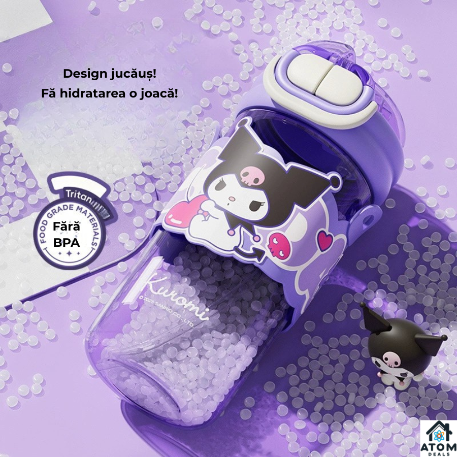 Sticla de apa pentru copii ATOM Deals® design Kuromi, 650 ml, tritan, sistem dublu de baut, rezistenta la cadere, inchidere etansa 360°, material tritan ecologic, BPA-Free, sistem pentru transportat