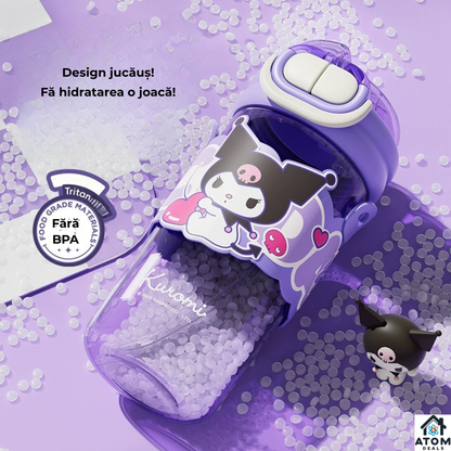 Sticla de apa pentru copii ATOM Deals® design Kuromi, 650 ml, tritan, sistem dublu de baut, rezistenta la cadere, inchidere etansa 360°, material tritan ecologic, BPA-Free, sistem pentru transportat