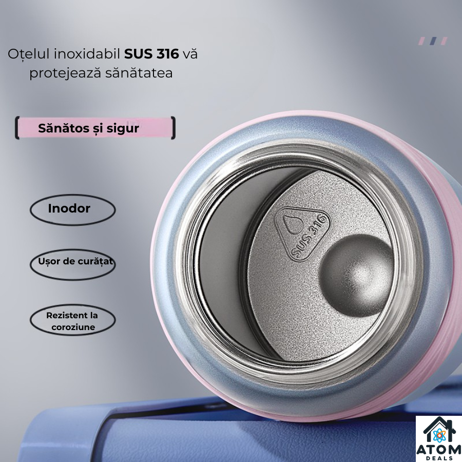 Sticla termos inox 500ml ATOM DEALS®, blush rose, perete dublu izolata termic cu capac etans