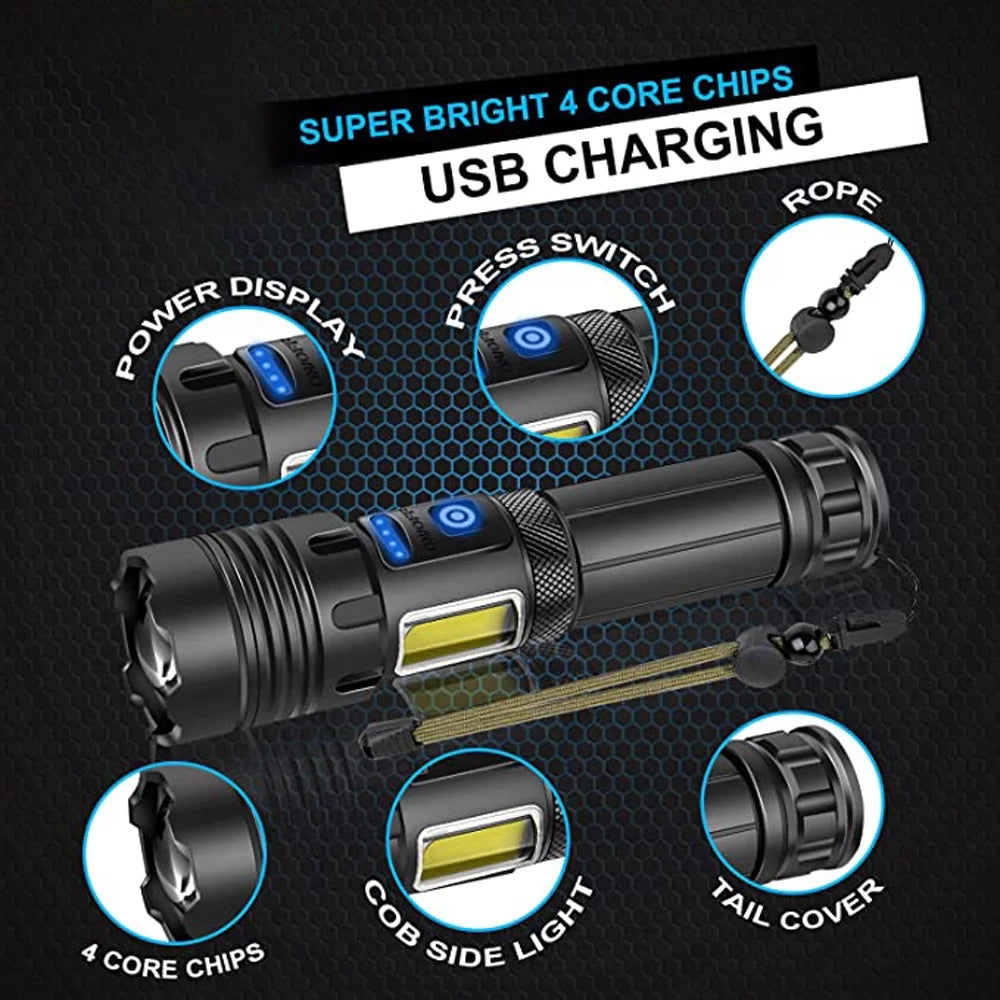 90000 Lumens Powerful Flashlight, Rechargeable Waterproof Searchlight XHP70.2 Super Bright Handheld Led Flashlight Tactical Flashlight 26650 Battery USB Zoom Torch for Emergency Hiking Hunting Camping