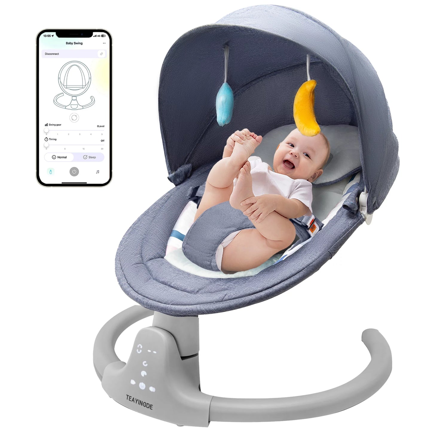 Infant Swing: Bluetooth Control, 5 Speeds, 10 Lullabies, USB (Blue)