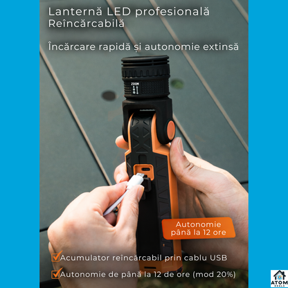 Lanterna LED multifunctionala ATOM Deals®, 1000 lm, reincarcabila USB-C, magnetica, zoom reglabil, SOS, IP54, 3000 mAh, negru/portocaliu ATOM Deals