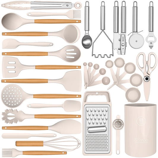 35 Silicone Cooking Utensils Set - 446°F Heat Resistant Silicone Kitchen Utensils for Cooking, Kitchen Utensil Spatula Set W Wooden Handles and Holder, BPA FREE Gadgets for Non-Stick Cookware (Khaki)