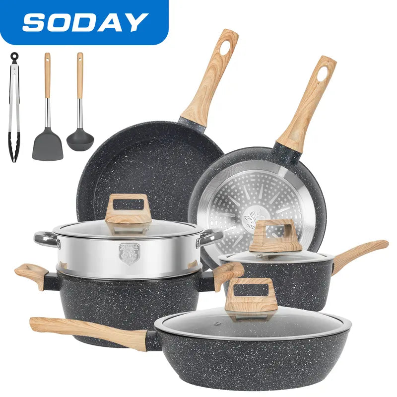 SODAY 12Pcs Pots and Pans Set Non Stick Kitchen Cookware Sets Induction Cookware Nonstick Granite Cooking Set with Frying Pans, Saucepans, Steamer Silicone Shovel Spoon & Tongs (Black)Nonstick Pots Aluminium