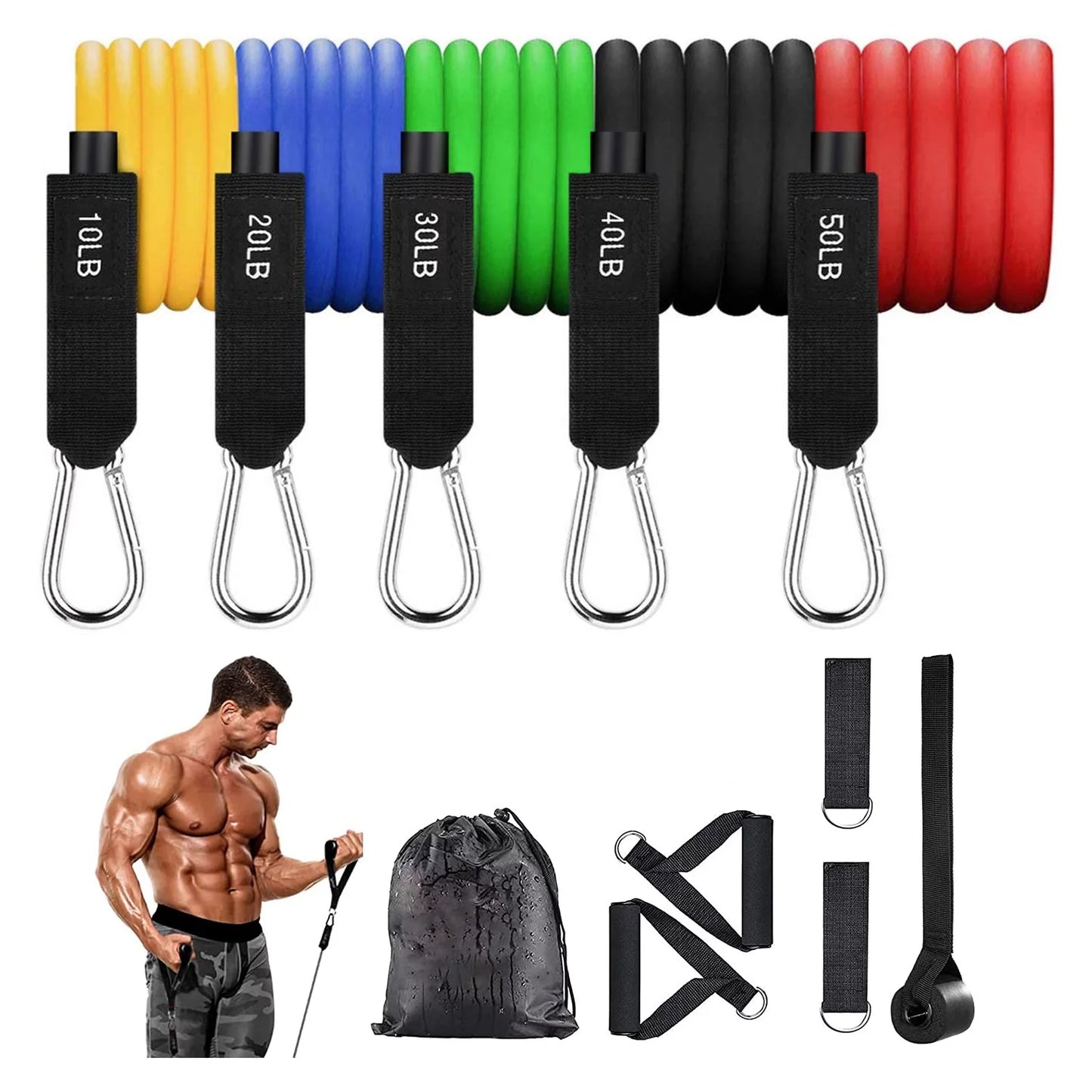 Max resistance bands set for home workouts, handles included.